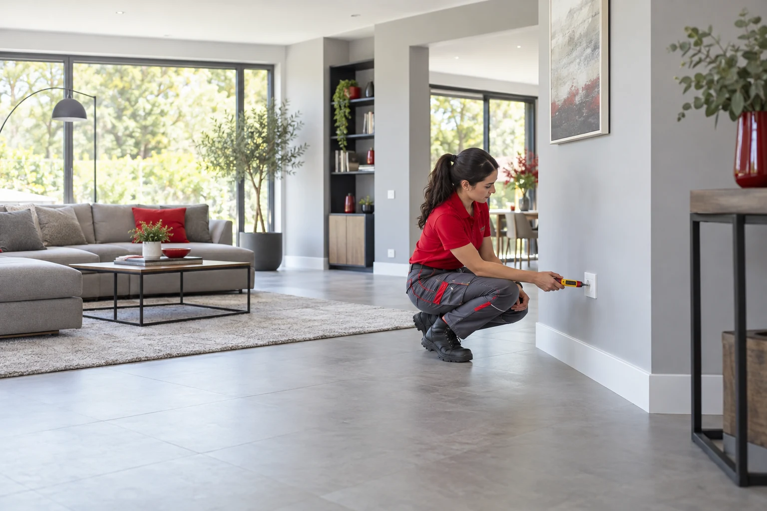 Electricista con uniforme rojo y gris · Reparación de averías eléctricas