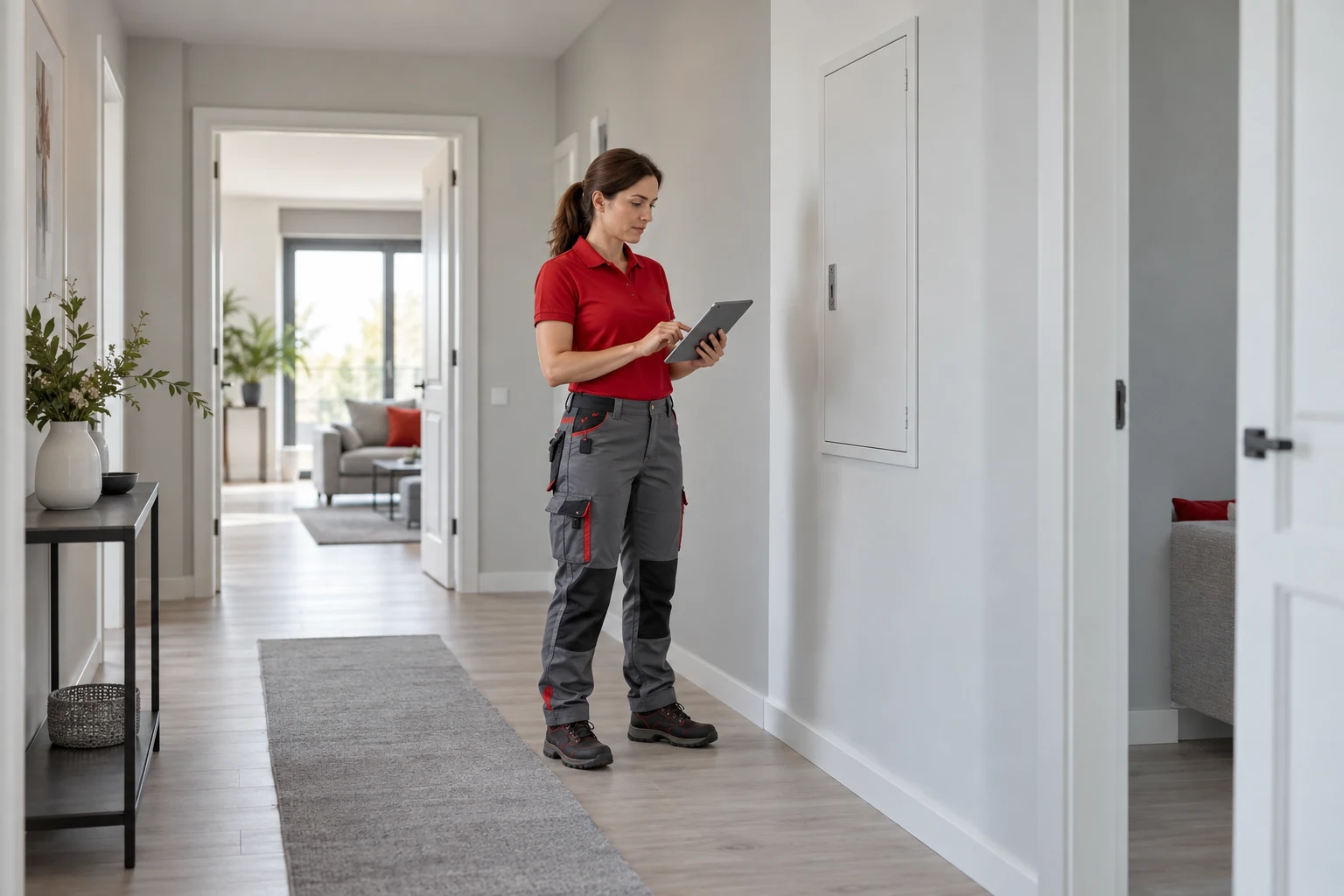 Electricista con uniforme rojo y gris · Boletines y certificados eléctricos