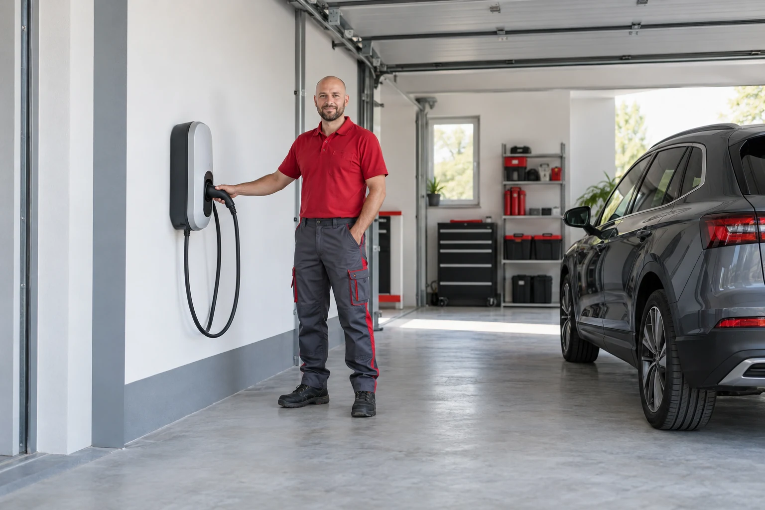 Electricista con uniforme rojo y gris · Cargadores para vehículos eléctricos