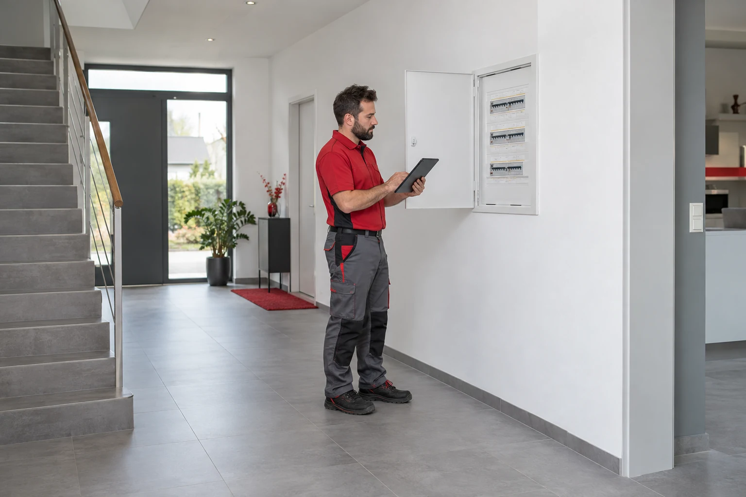 Electricista con uniforme rojo y gris · Cuadros eléctricos y protecciones