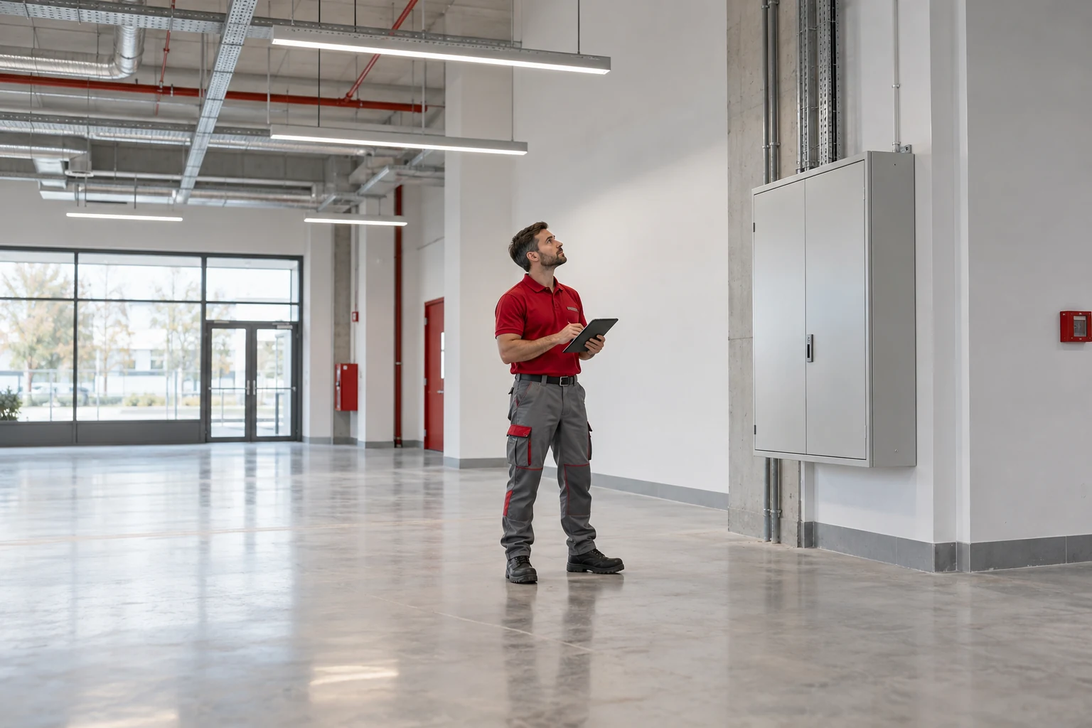 Electricista con uniforme rojo y gris · Electricidad para comunidades y locales