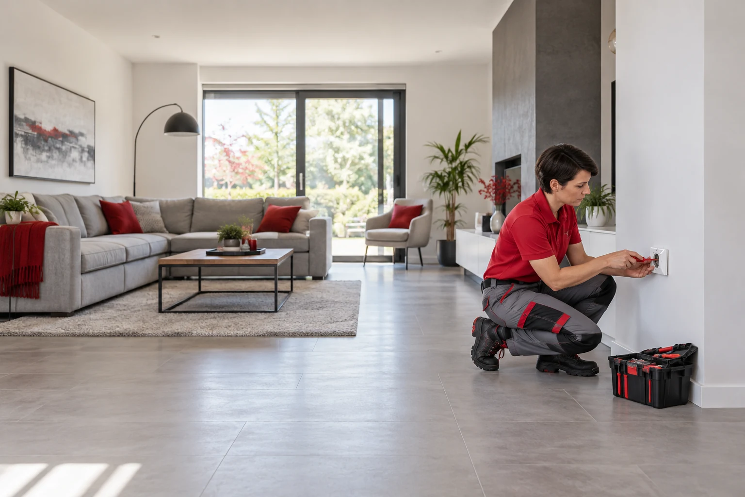 Electricista con uniforme rojo y gris · Enchufes e interruptores