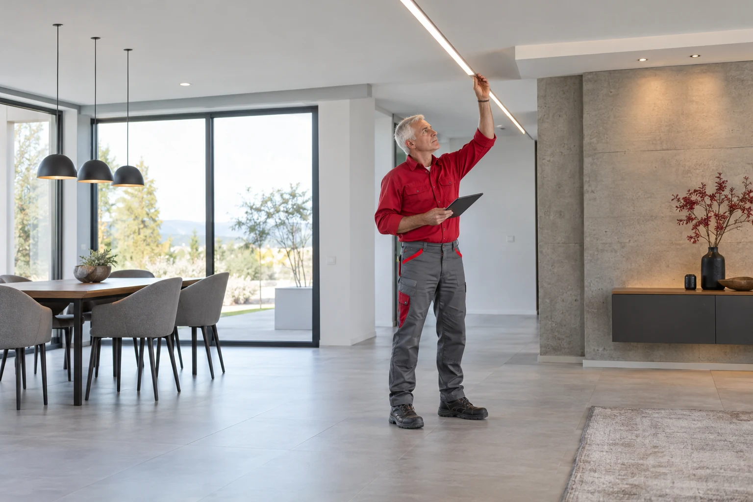 Electricista con uniforme rojo y gris · Iluminación interior y exterior
