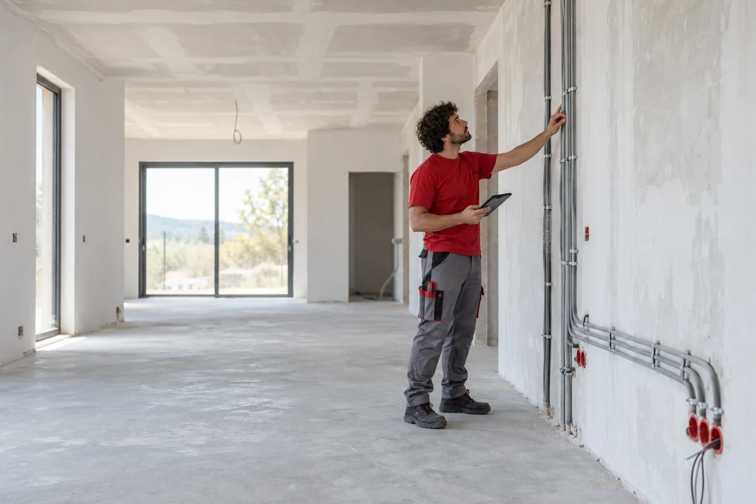 Electricista con uniforme rojo y gris · Instalaciones eléctricas