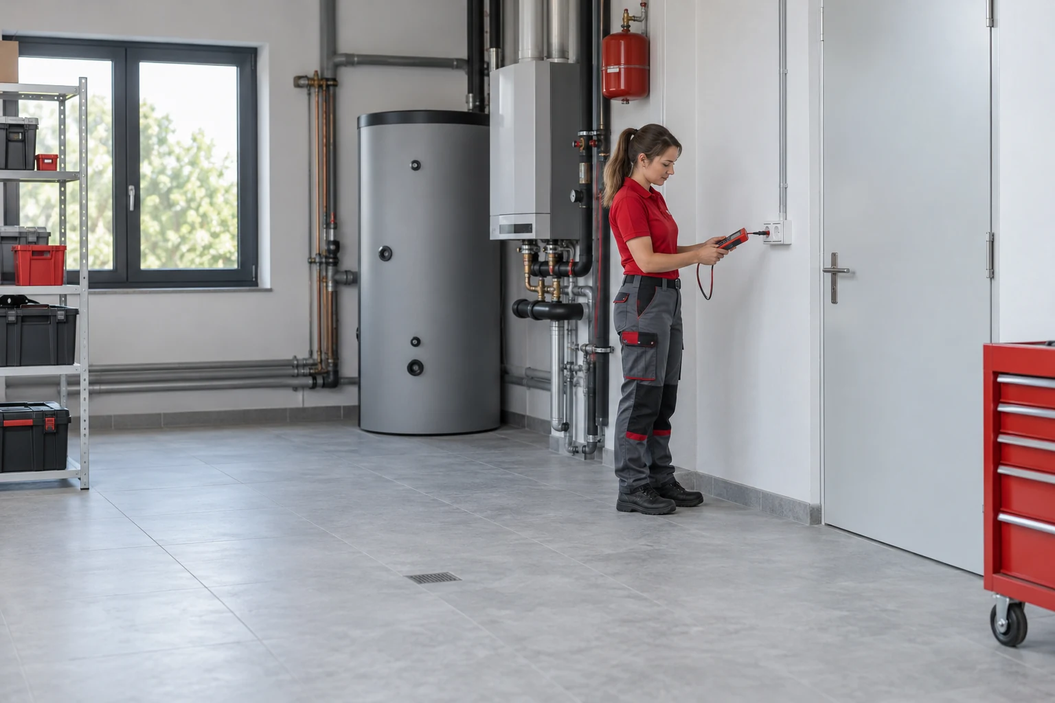 Electricista con uniforme rojo y gris · Localización de fallos eléctricos