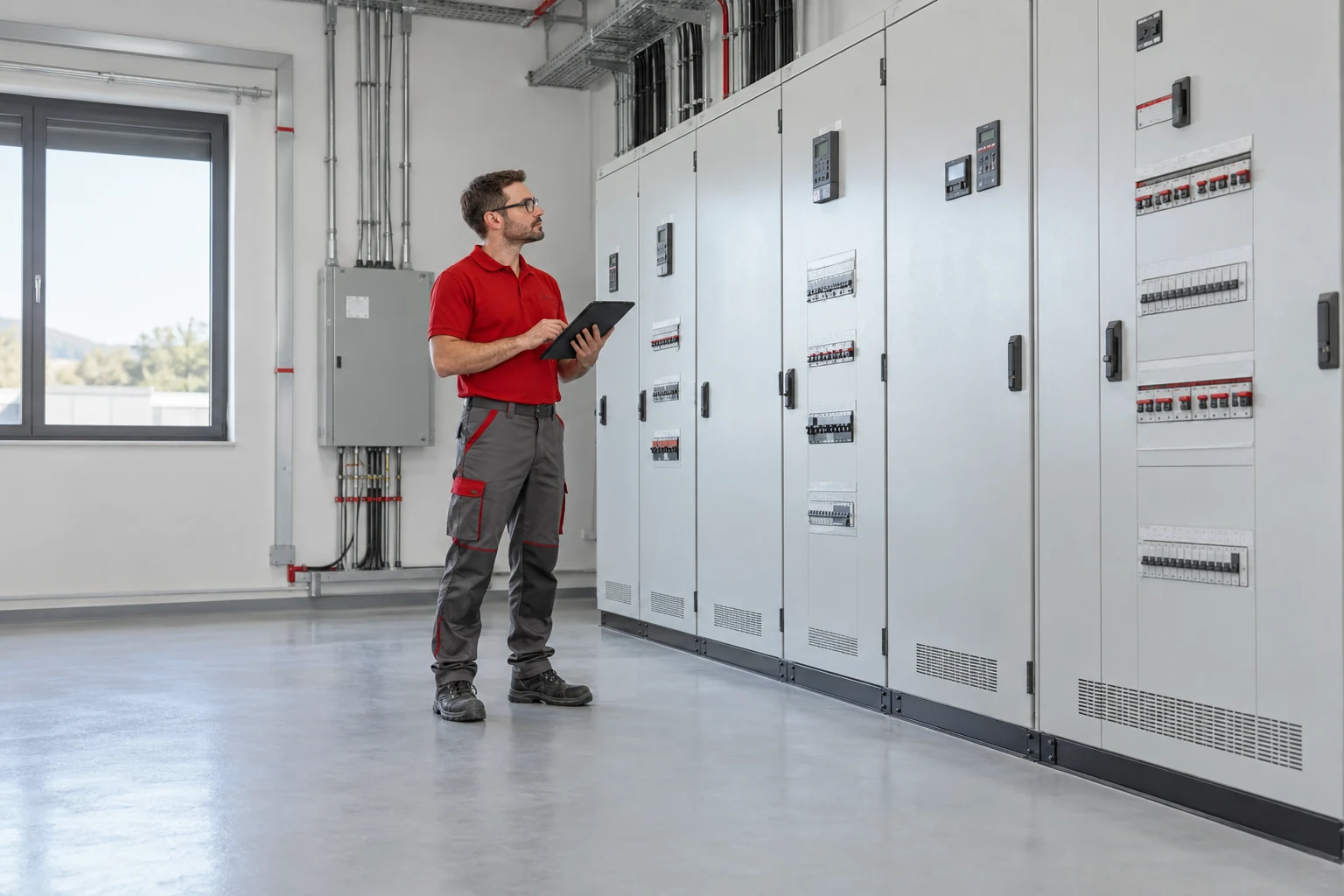 Electricista con uniforme rojo y gris · Mantenimiento eléctrico